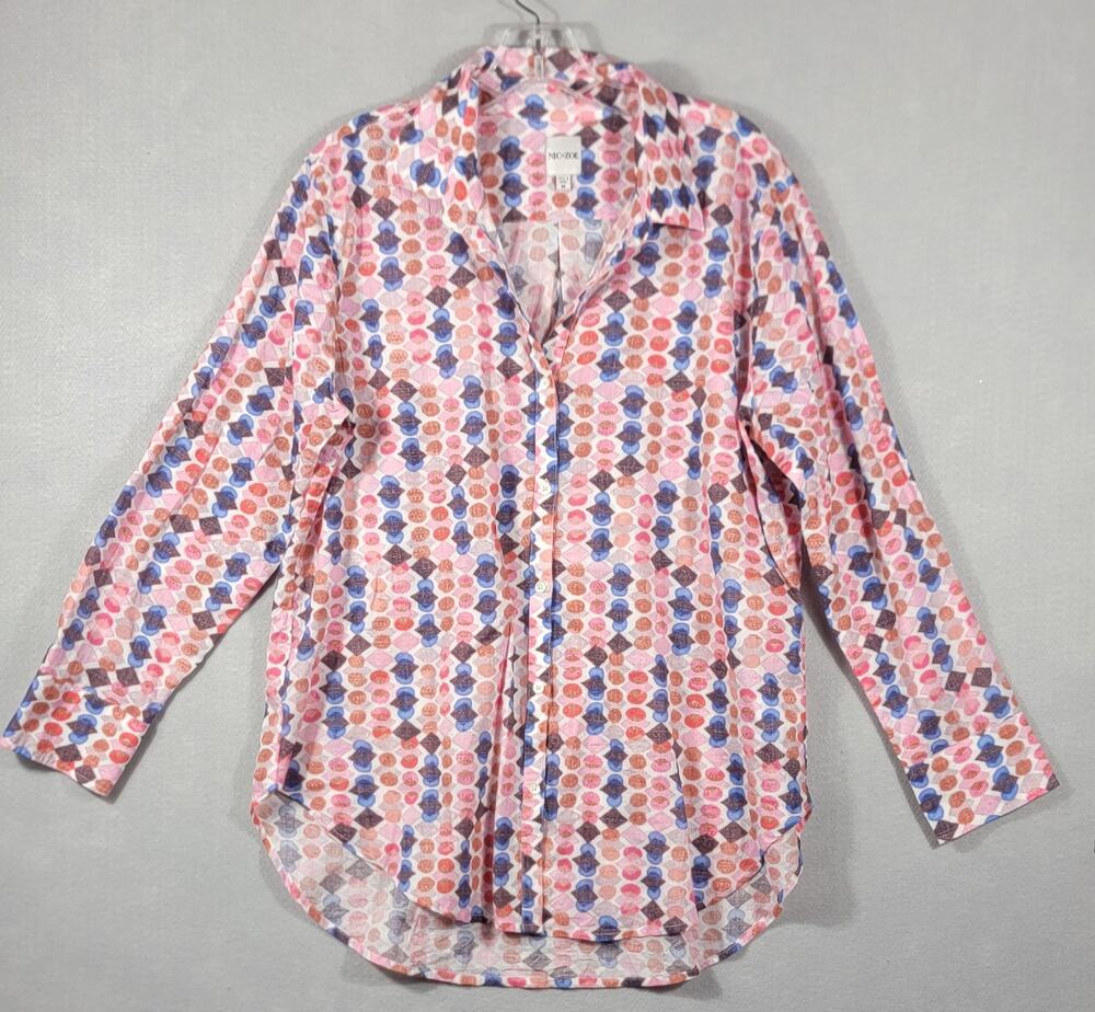 NIC+ZOE Mindfully Made Cotton Button Down Shirt Medium Pink Geo Tunic